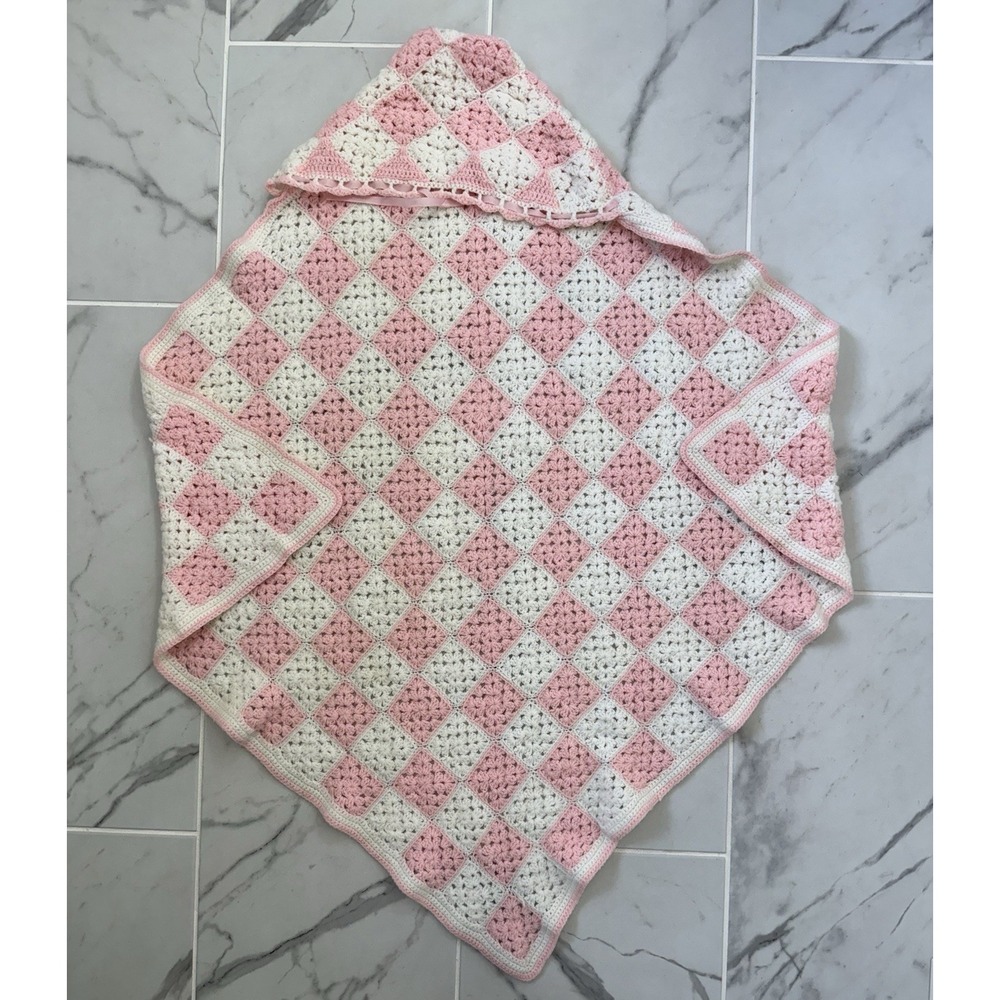 Swaddle Receiving Blanket for Baby Crocheted Pink And White Granny Squares